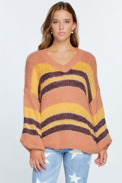 V-neck Cozy Thick Knit Stripe Pullover Sweater - AMIClubwear