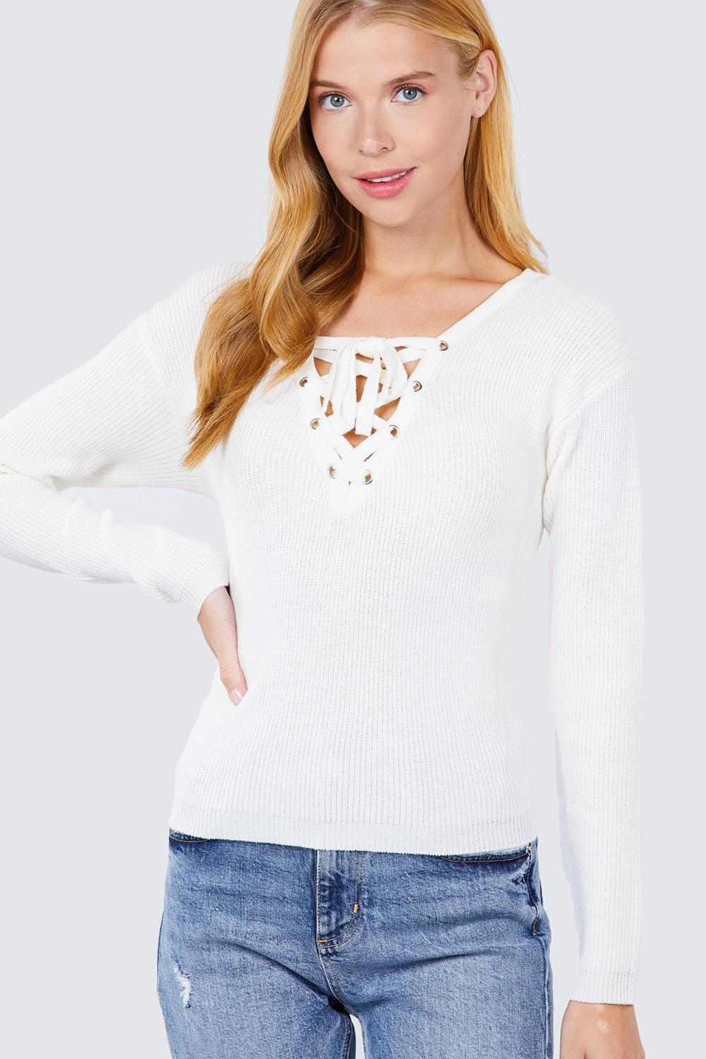 V-neck Eyelet Strap Back Sweater - AMIClubwear