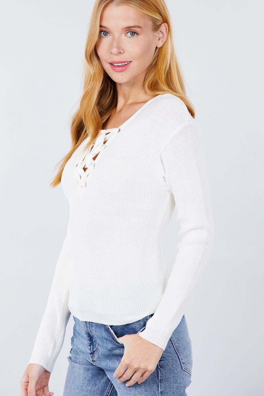 V-neck Eyelet Strap Back Sweater - AMIClubwear