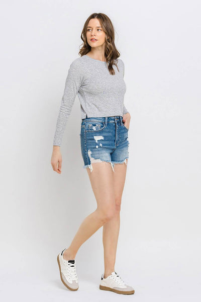 Vervet by Flying Monkey Distressed Raw Hem Denim Shorts - AMIClubwear