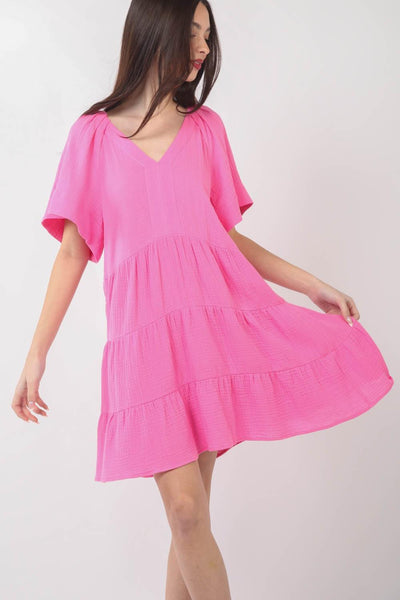 VERY J Texture V-Neck Ruffled Tiered Dress - AMIClubwear