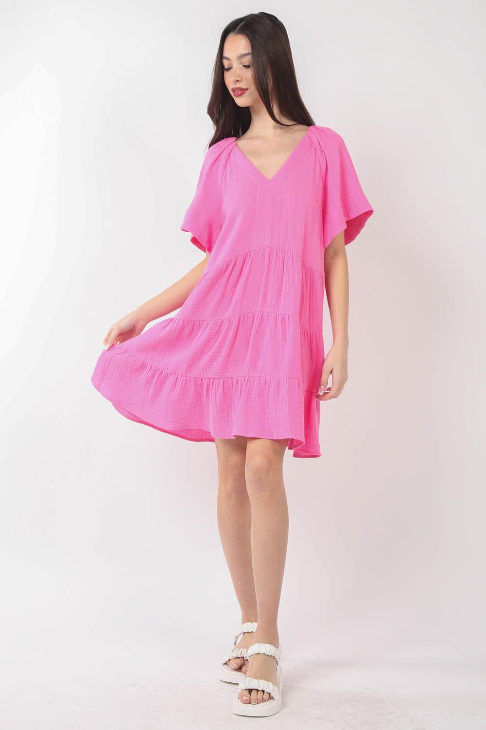 VERY J Texture V-Neck Ruffled Tiered Dress - AMIClubwear