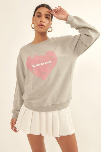 Vintage-style Heart Graphic Print French Terry Knit Sweatshirt - AMIClubwear