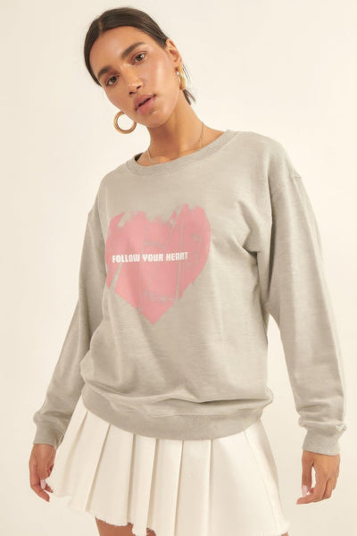 Vintage-style Heart Graphic Print French Terry Knit Sweatshirt - AMIClubwear