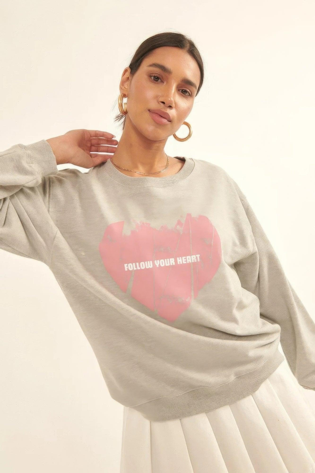 Vintage-style Heart Graphic Print French Terry Knit Sweatshirt - AMIClubwear