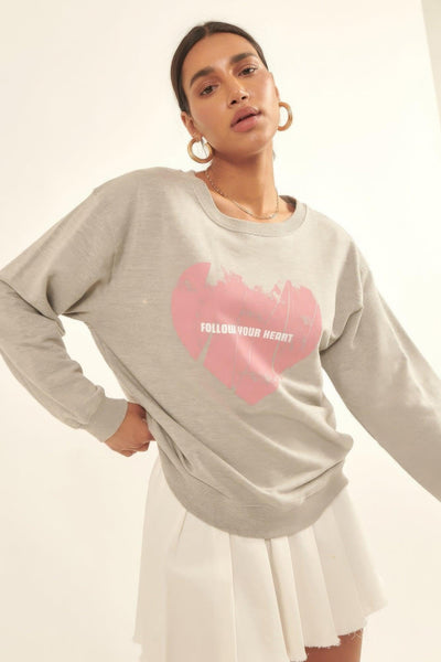 Vintage-style Heart Graphic Print French Terry Knit Sweatshirt - AMIClubwear