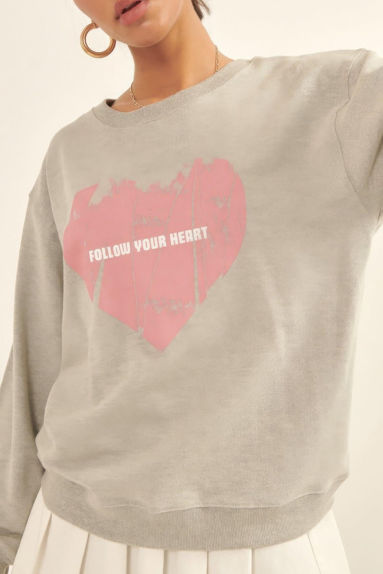 Vintage-style Heart Graphic Print French Terry Knit Sweatshirt - AMIClubwear