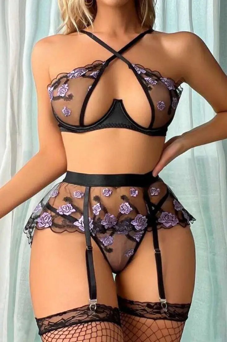Black Purple Sexy Flower Lace Criss-Cross Mesh Lingerie 3 Pc Set