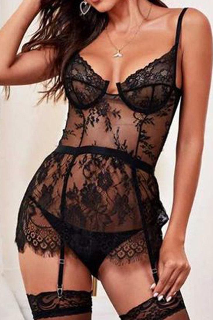 Black Eyelash Lace Garter Teddy Bodysuit Thong 2Pc Lingerie Set - AMIClubwear