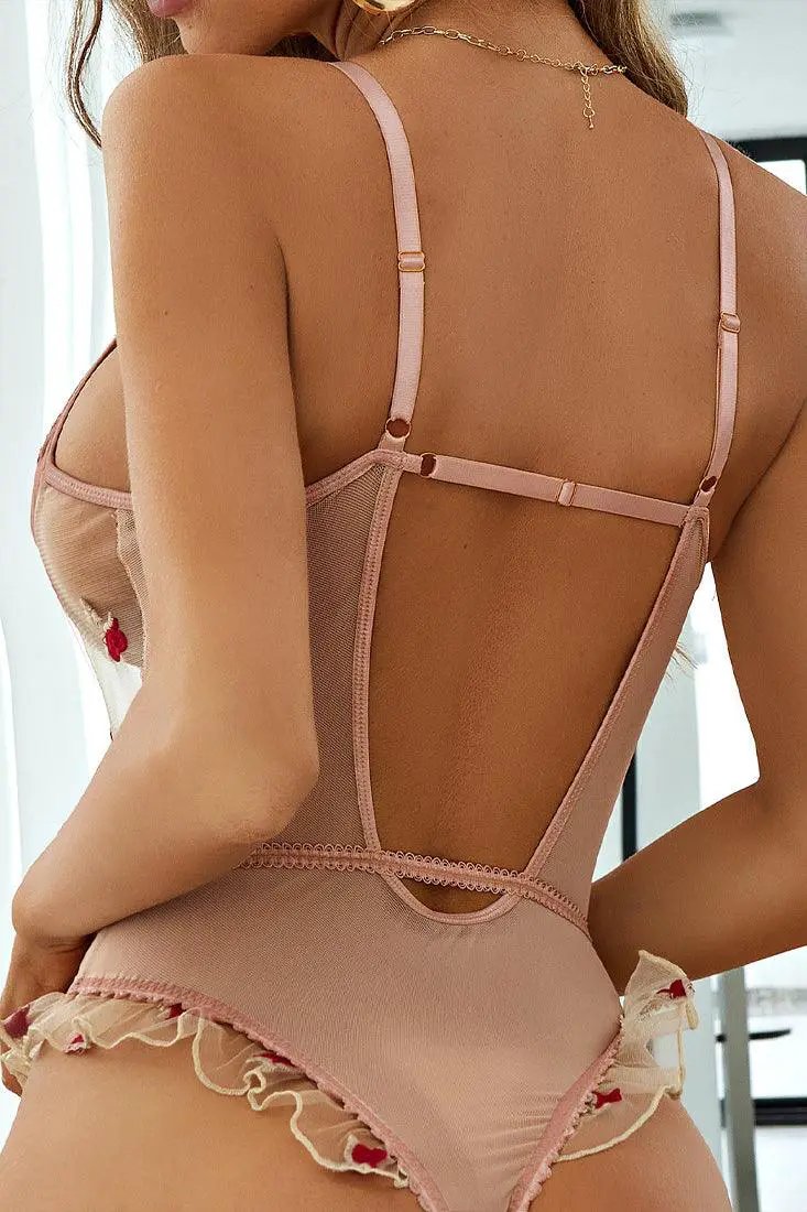 Beige Red Rose Sheer Ruffle Teddy Bodysuit Sexy Lingerie