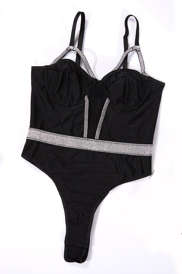 Black Silver Sparkly Strappy Mesh Cut-Out Thong Bodysuit Sexy Lingerie –  AMIClubwear