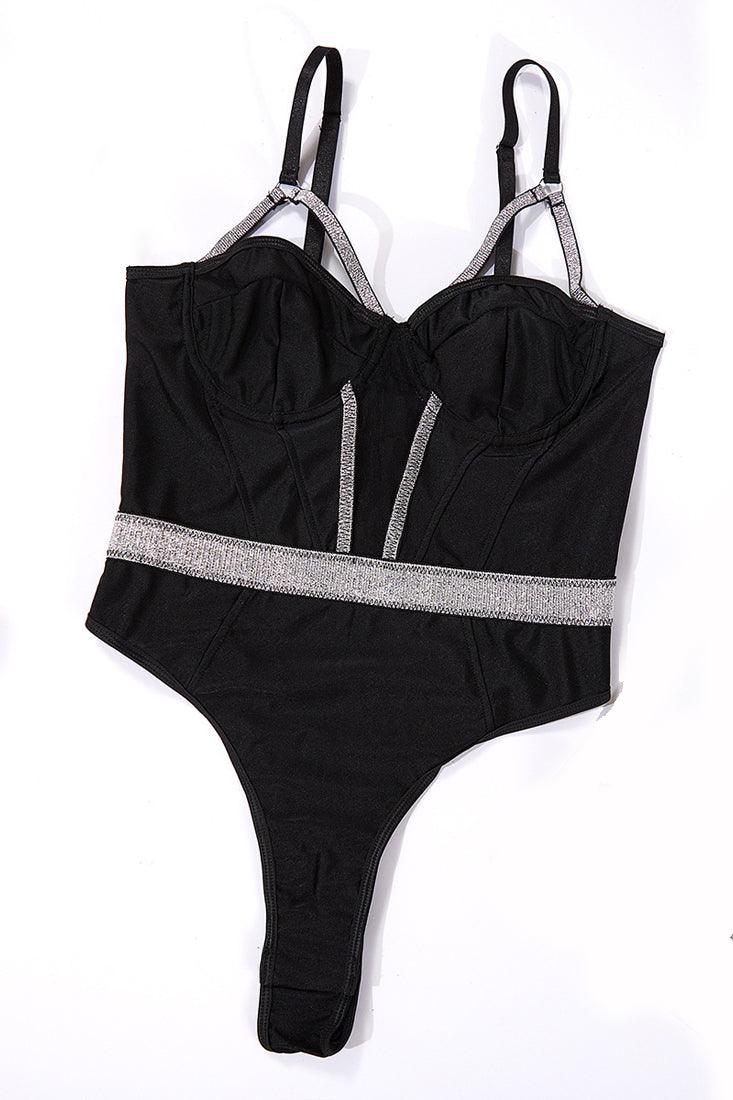 Black Silver Sparkly Strappy Mesh Cut-Out Thong Bodysuit Sexy Lingerie - AMIClubwear