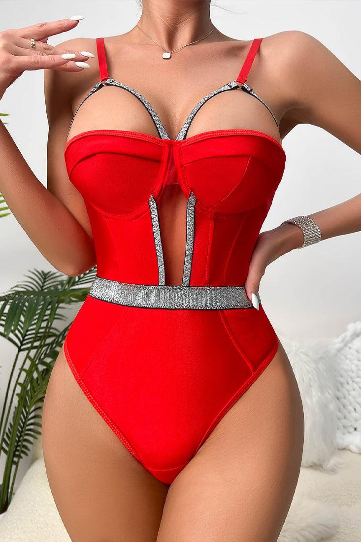 Red Silver Sparkly Strappy Mesh Cut-Out Thong Bodysuit Sexy Lingerie - AMIClubwear