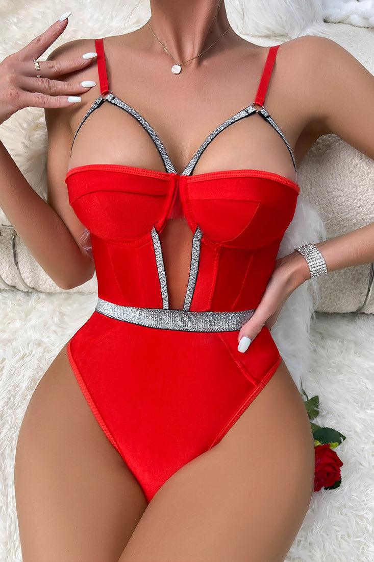 Red Silver Sparkly Strappy Mesh Cut-Out Thong Bodysuit Sexy Lingerie AMIClubwear Red Silver Sparkly Strappy Mesh Cut-Out Thong Bodysuit Sexy Lingerie AMIClubwear