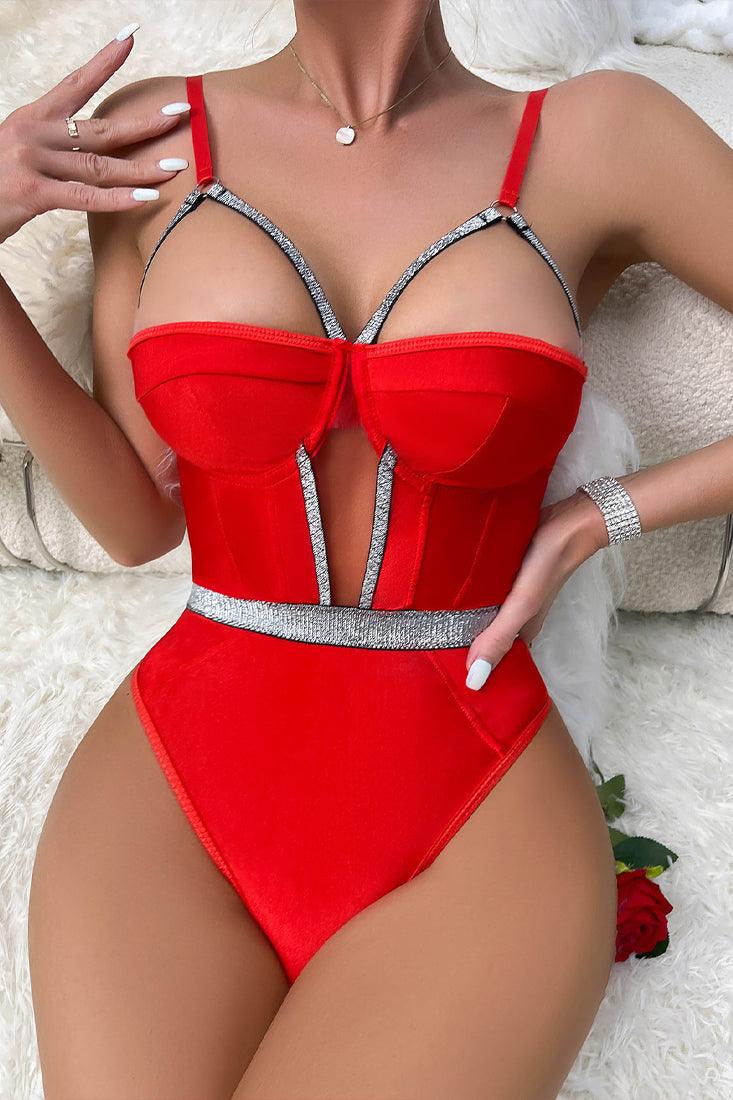 Red Silver Sparkly Strappy Mesh Cut-Out Thong Bodysuit Sexy Lingerie - AMIClubwear