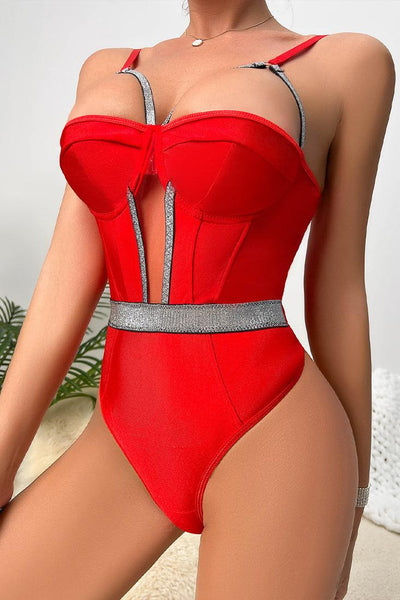 Red Silver Sparkly Strappy Mesh Cut-Out Thong Bodysuit Sexy Lingerie - AMIClubwear