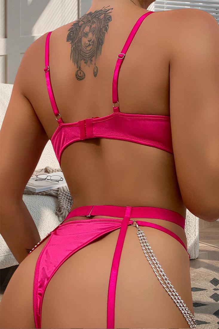 Pink Satin Rhinestone Chain Bra Thong Garter Belt 5Pc Sexy Lingerie Set - AMIClubwear