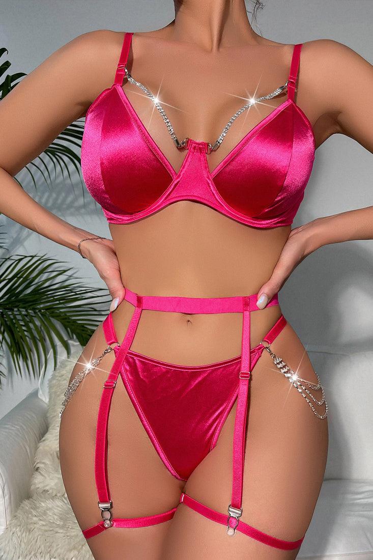 Pink Satin Garter Belt Lingerie, Boudoir Floral Lingerie Set, Sexy