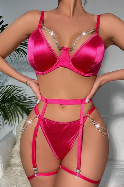 Pink Satin Rhinestone Chain Bra Thong Garter Belt 5Pc Sexy Lingerie Set - AMIClubwear