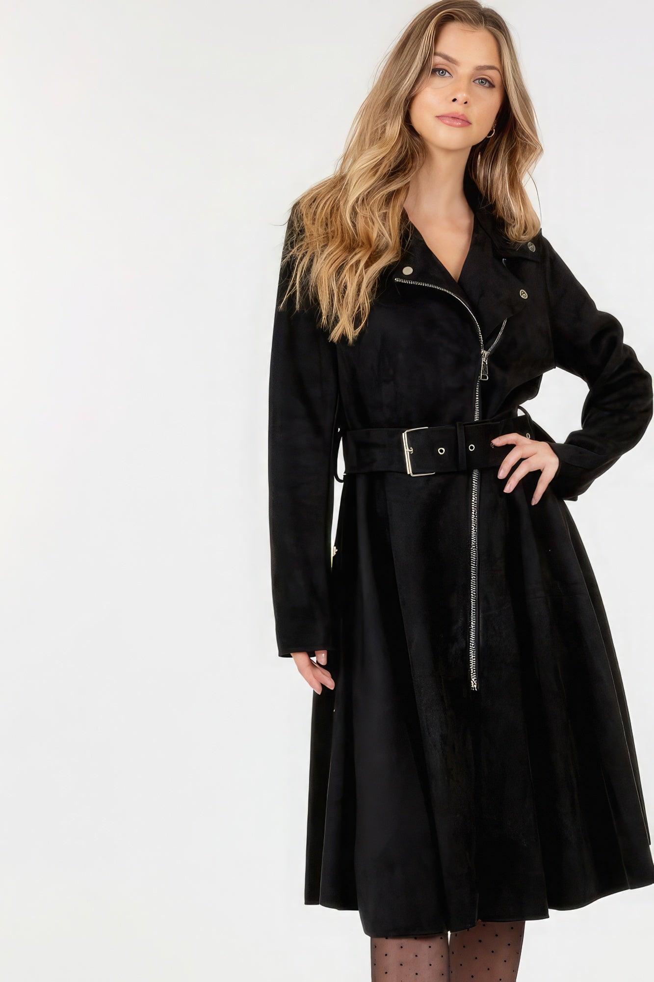 Waist Belt Tacked Faux Suede Coat Solid Coat - AMIClubwear