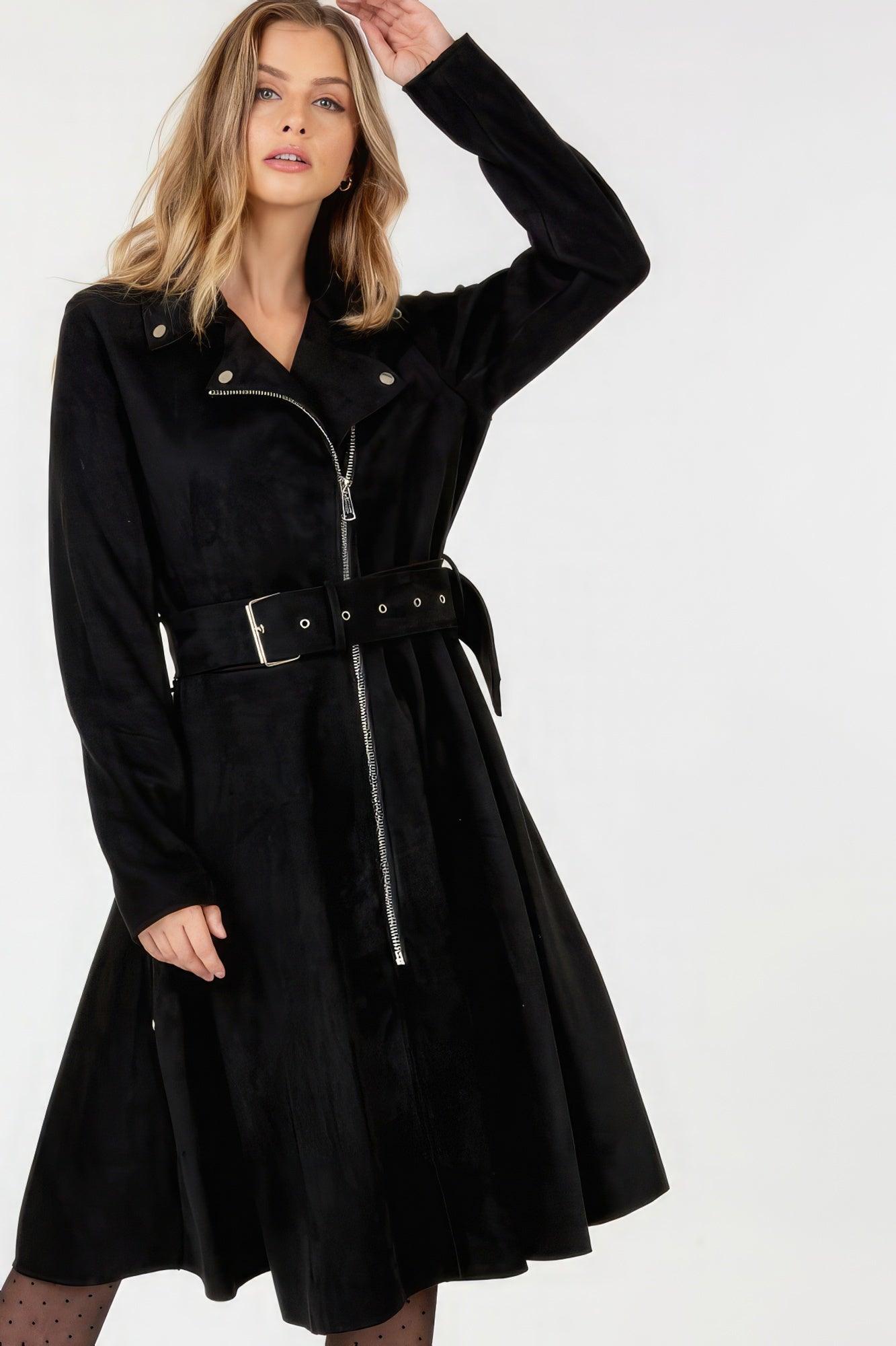 Waist Belt Tacked Faux Suede Coat Solid Coat - AMIClubwear