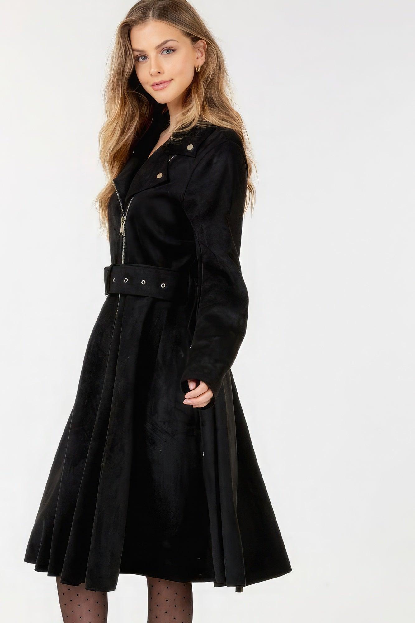 Waist Belt Tacked Faux Suede Coat Solid Coat - AMIClubwear