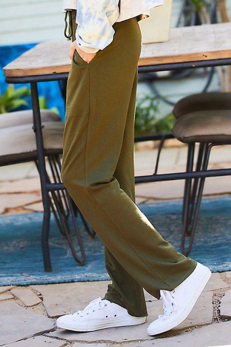 Waist Elastic Band Adjustable Waist Strap Side Pocket Straight French Terry Solid Pants - AMIClubwear