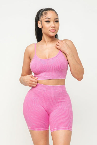 Washed Seamless Basic Tank Top And Shorts Set - AMIClubwear