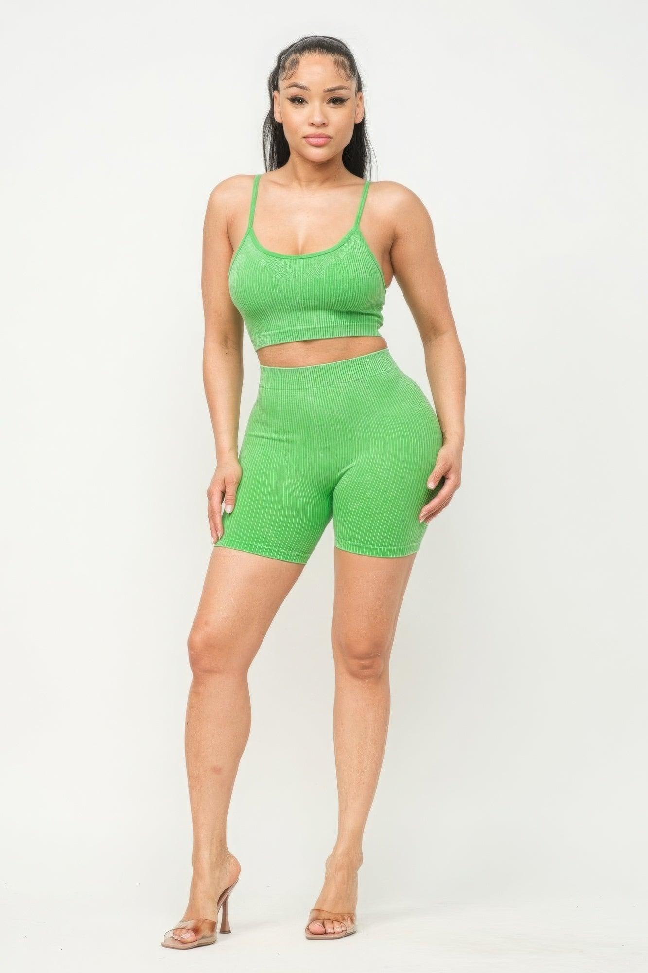 Washed Seamless Basic Tank Top And Shorts Set - AMIClubwear