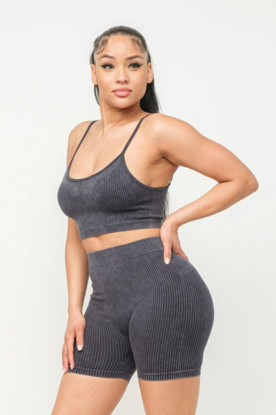 Washed Seamless Basic Tank Top And Shorts Set - AMIClubwear