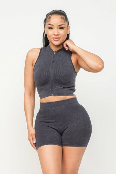 Washed Seamless Zipper Top And Shorts Set - AMIClubwear