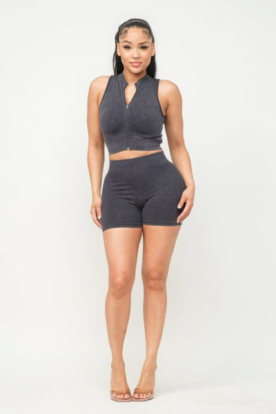 Washed Seamless Zipper Top And Shorts Set - AMIClubwear