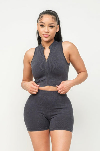 Washed Seamless Zipper Top And Shorts Set - AMIClubwear