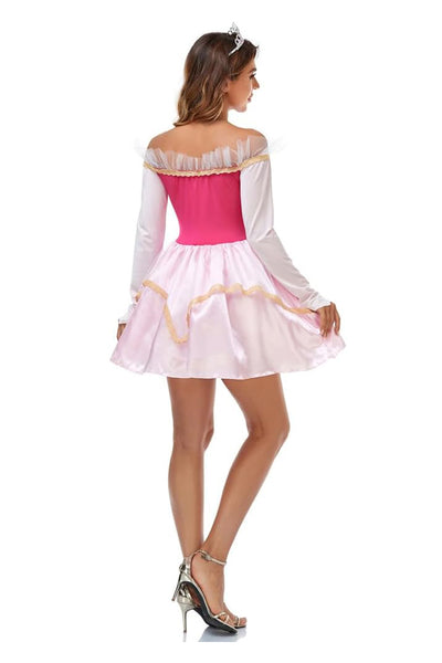 Pink Off Shoulder Ruffle Sexy Sleeping Princess Auro Beauty Dress w/ Tiara