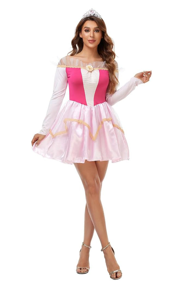 Pink Off Shoulder Ruffle Sexy Sleeping Princess Auro Beauty Dress w/ Tiara