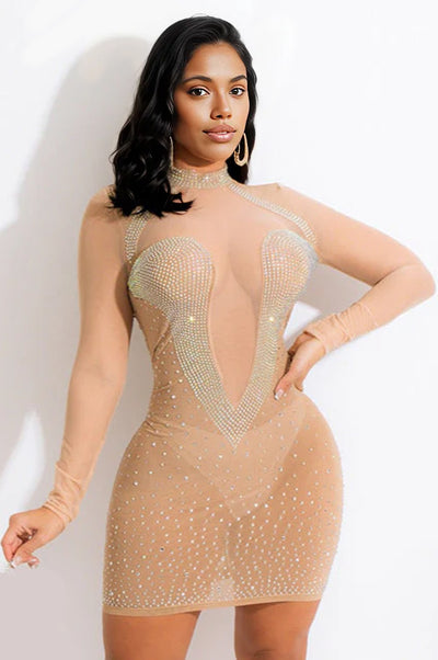 Beige Silver Rhinestone Accent Sexy Party Dress