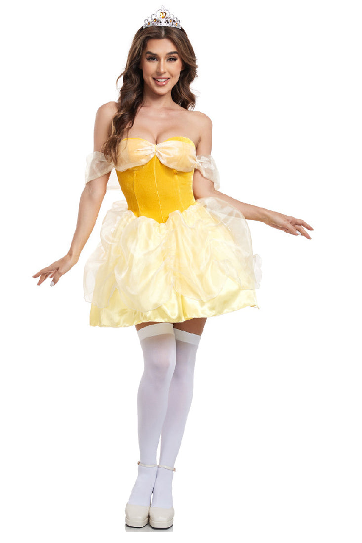Yellow Off Shoulder Princess Belle Sexy 2Pc Dress Costume w/ Tiara