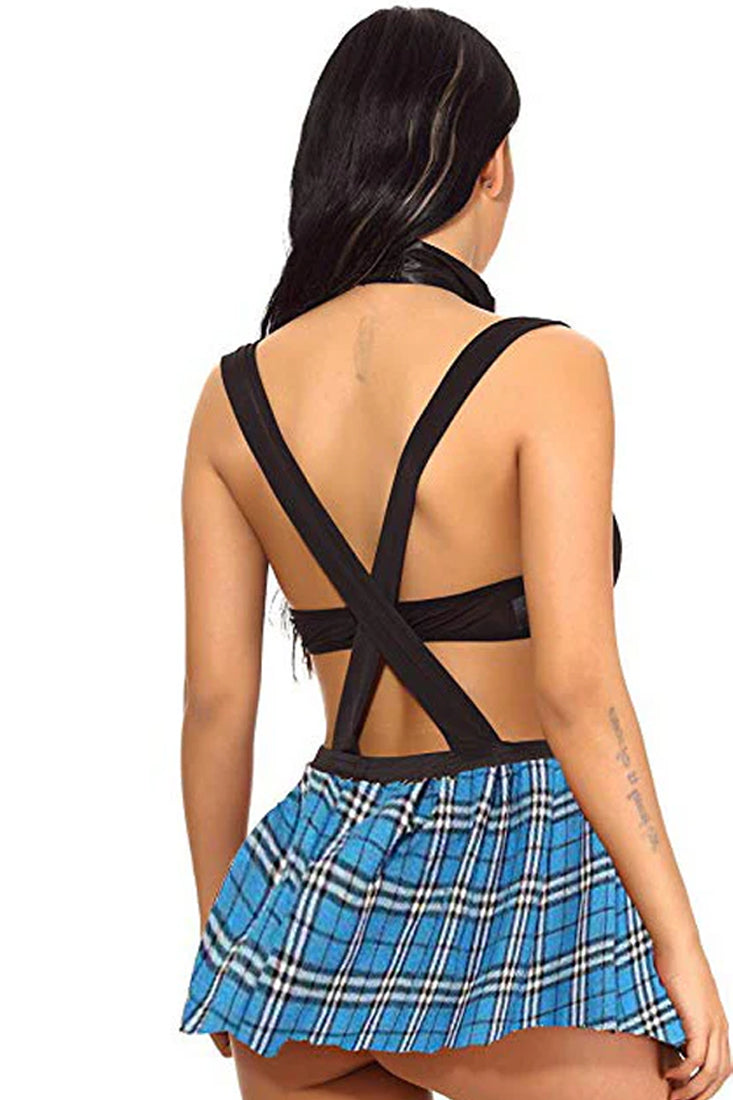 Black Blue Plaid Naughty School Girl 2 Piece Costume