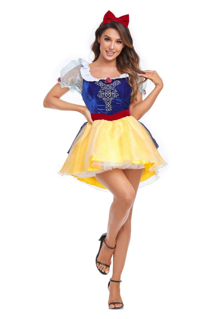 Blue Yellow White Dress Red Head Bow Sexy Princess Snow Costume