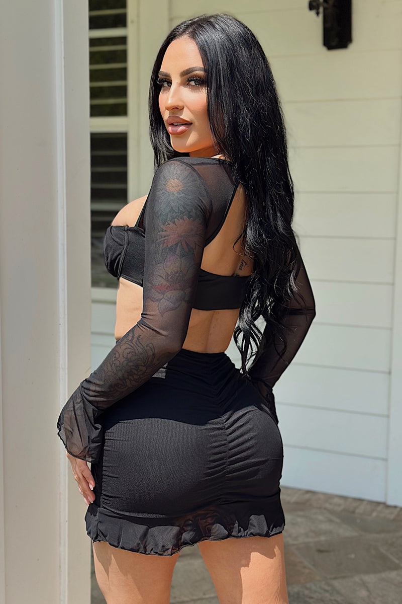 Black WIred Push-Up Mesh Double Layer Ruched Ruffle Sexy 2Pc Dress Set