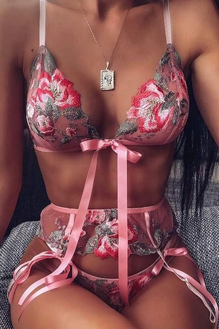 Sexy Pink Floral Embroidery Mesh Ribbon Lingerie 3 Pc Set