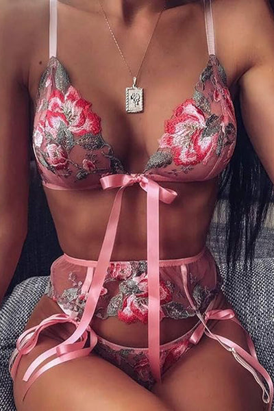 Sexy Pink Floral Embroidery Mesh Ribbon Lingerie 3 Pc Set