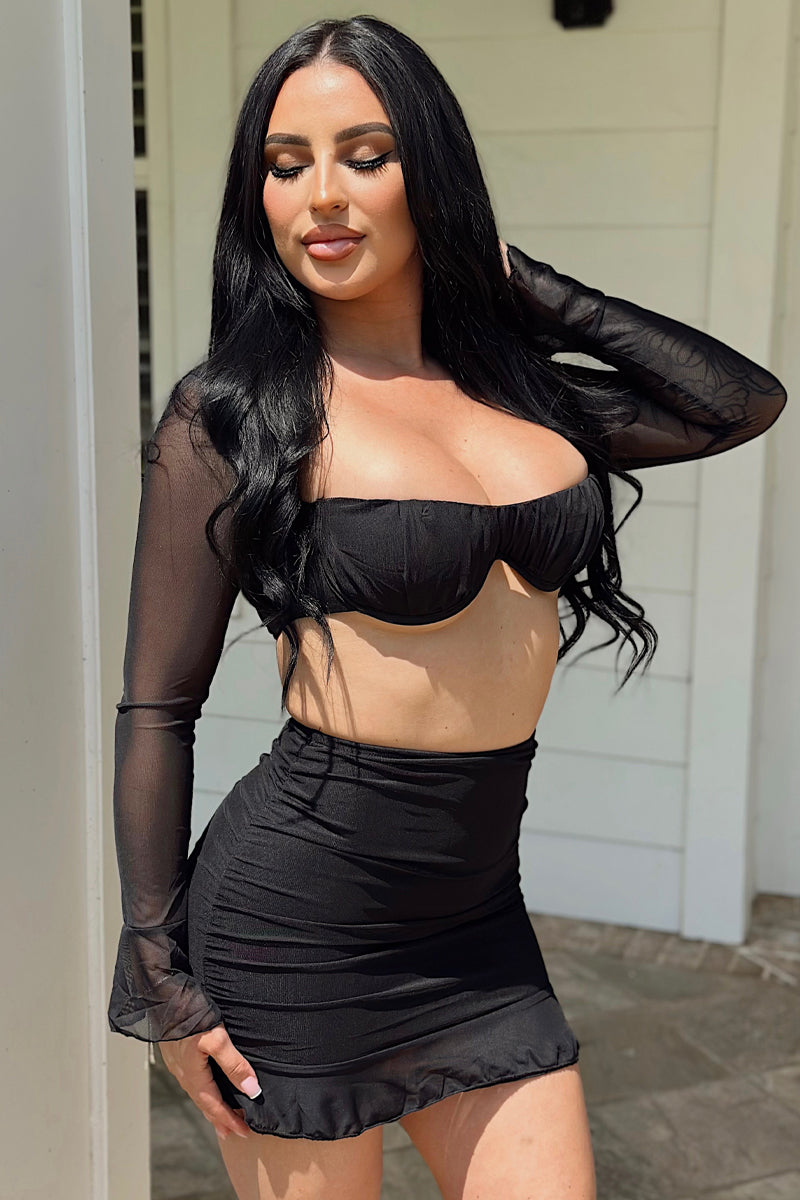 Black WIred Push-Up Mesh Double Layer Ruched Ruffle Sexy 2Pc Dress Set
