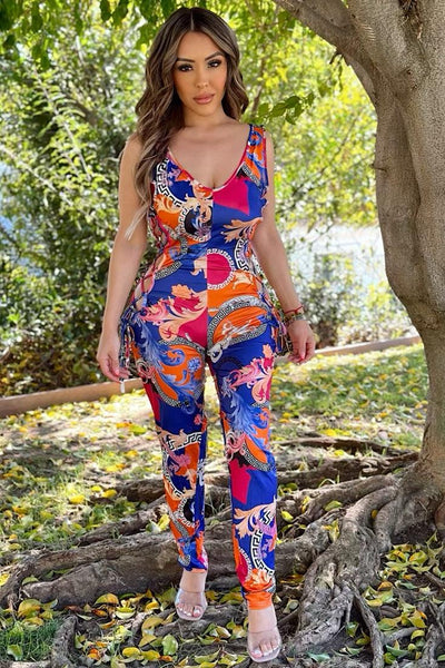 Dark Blue Multi Printed Lace-Up Cut Out Fitted Sexy Jumpsuit - AMIClubwear