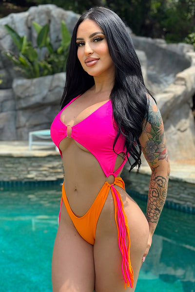 Hot Pink Orange Fringe High-Cut Cheeky Sexy Monokini 1Pc Swimsuit