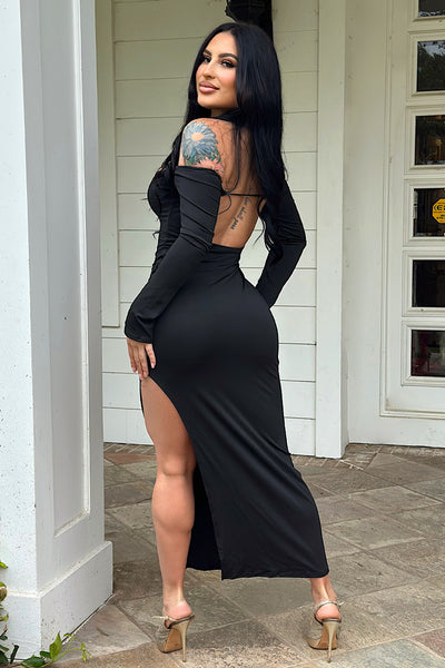 Black Long Sleeves Off Shoulders Cut-Out High Slit Sexy Midi Dress