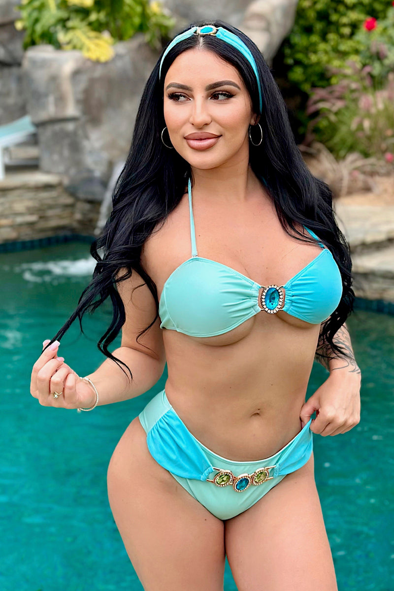 Green Blue Gemstone Rhinestone Headband/Belt 3Pc Sexy Swimsuit Set