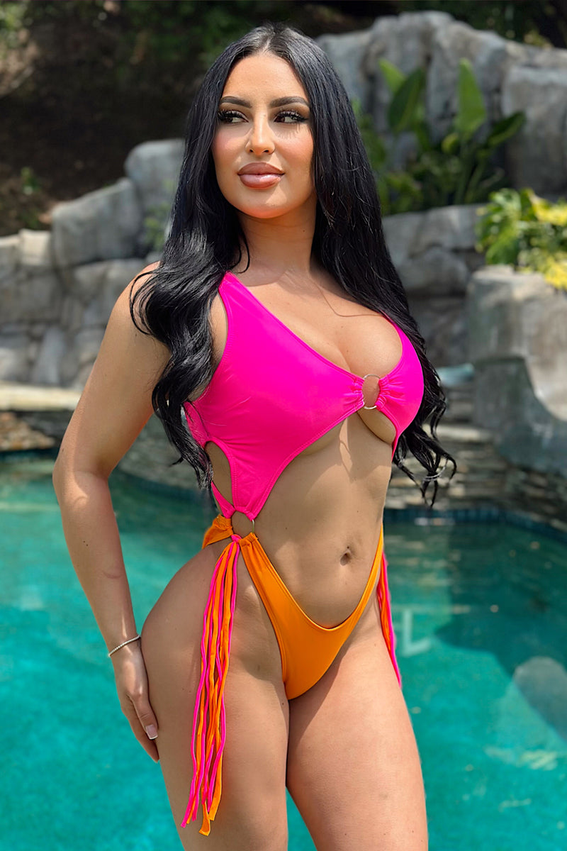 Hot Pink Orange Fringe High-Cut Cheeky Sexy Monokini 1Pc Swimsuit