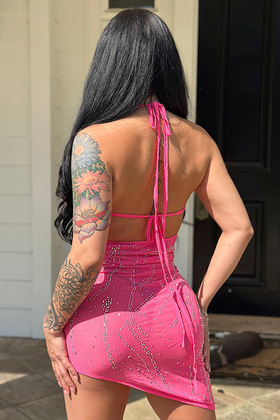 Pink Rhinestone Mesh Strappy Cut-Out Asymmetrical Sexy Party Dress