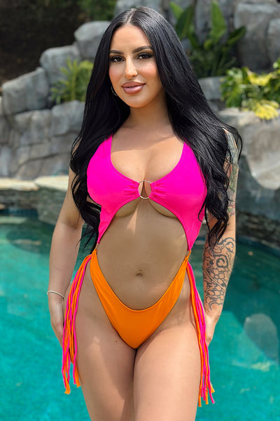 Hot Pink Orange Fringe High-Cut Cheeky Sexy Monokini 1Pc Swimsuit